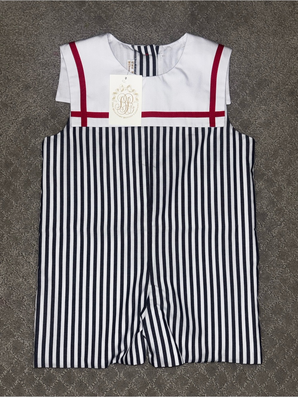 The Beaufort Bonnet Company Navy & White Striped Boys One-Piece with Red Trim